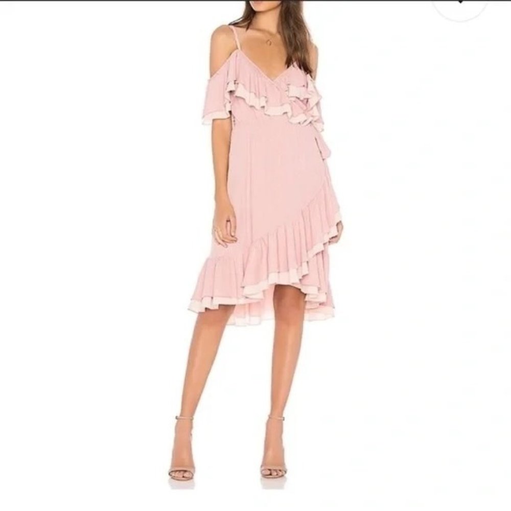 Rebecca Minkoff Blush Pink Ruffle Cold-Shoulder Midi Dress